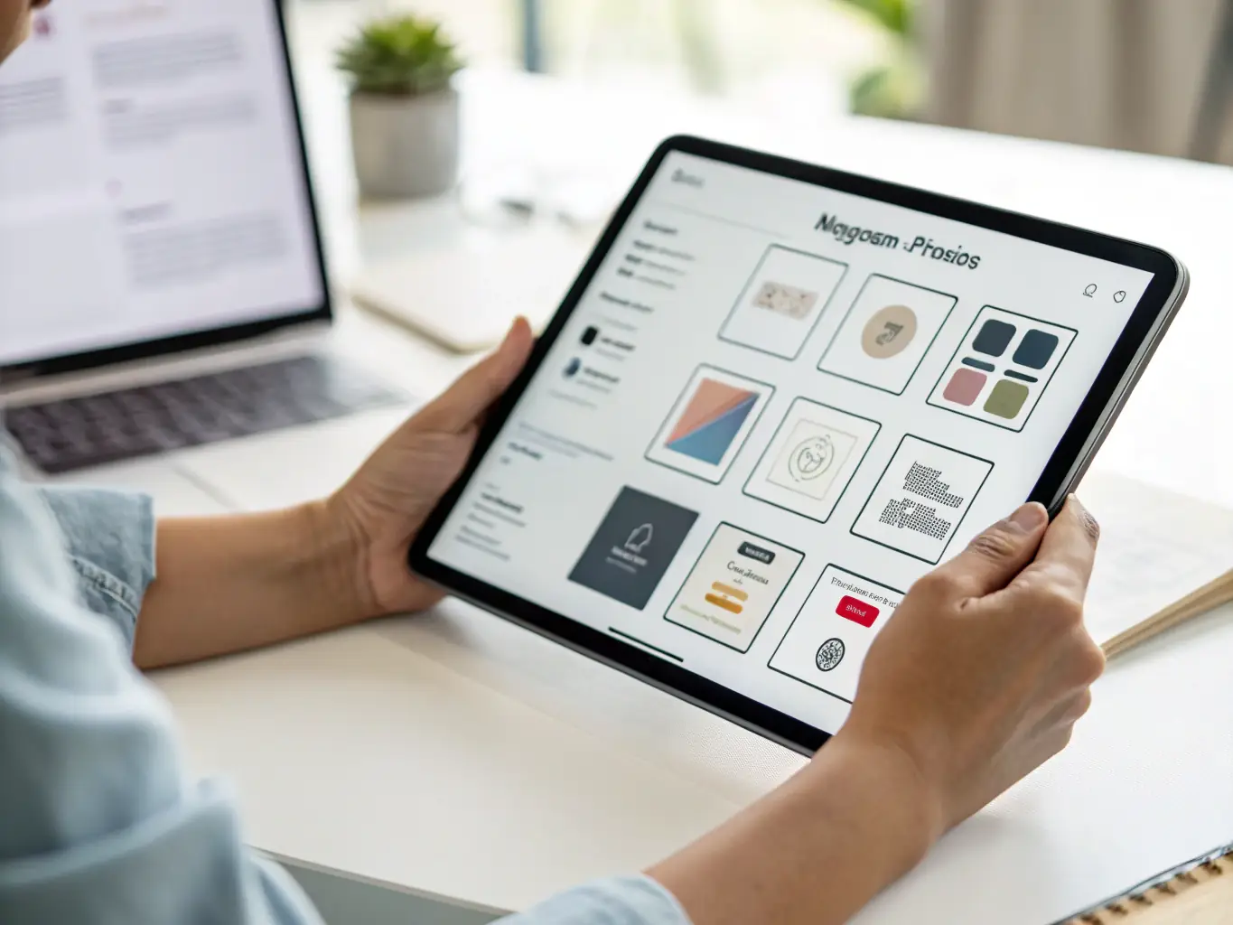 A hand selecting the size and shape of a magnetic print on a tablet, with different magnetic print options displayed on the screen.