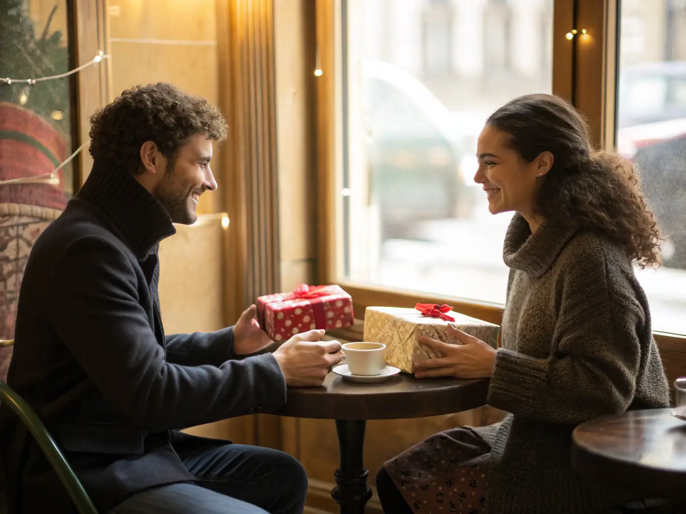 A couple exchanging gifts on their anniversary, with a magnetic photo print of their wedding day prominently displayed on their refrigerator.