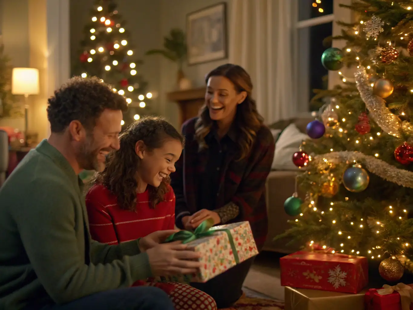 A family decorating their home for the holidays, with various magnetic photo prints displayed on their fridge, showcasing festive memories.