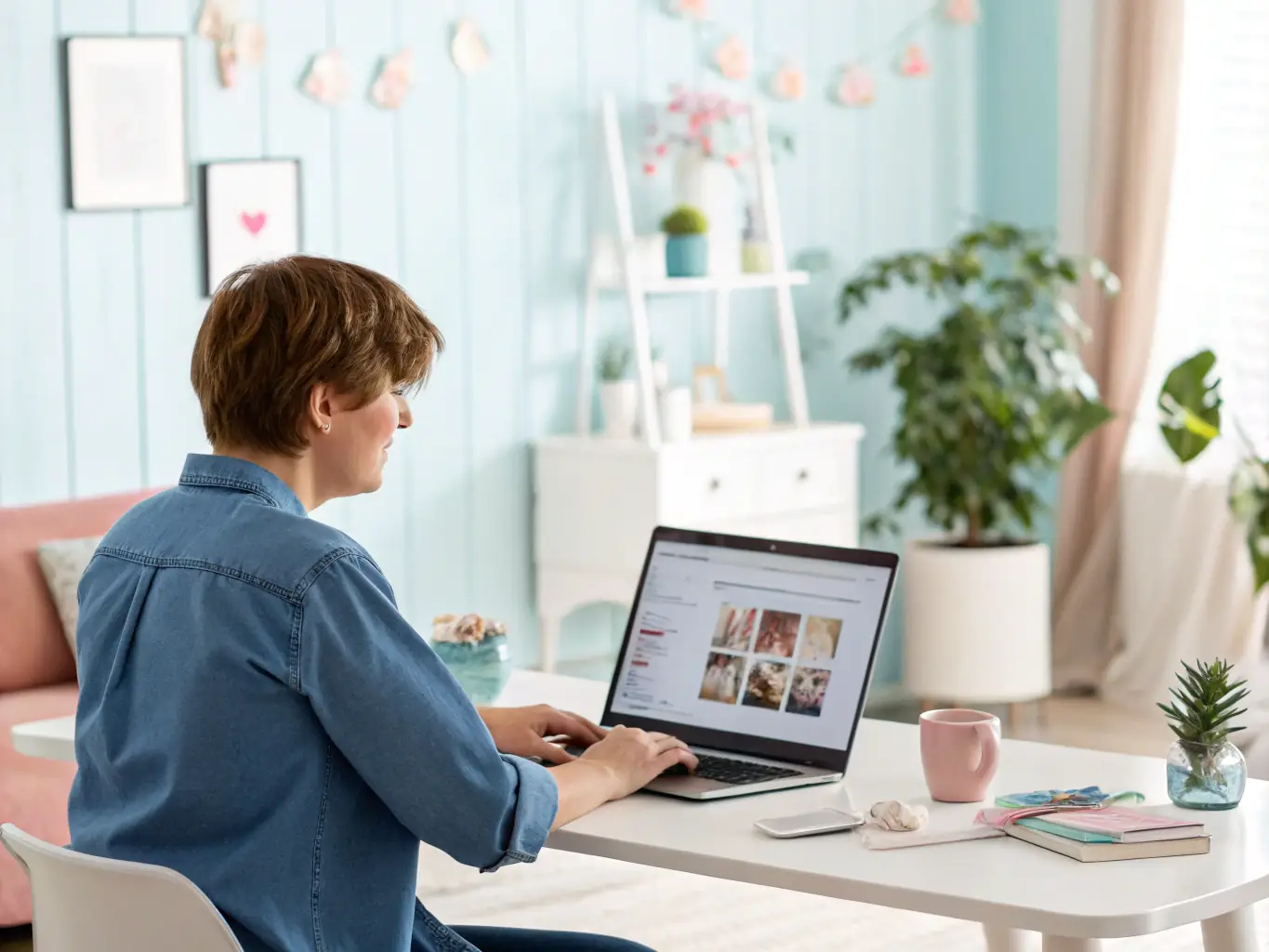 A person smiling while uploading a photo from their smartphone to the MagMagPics website, with a laptop displaying the website interface in the background.
